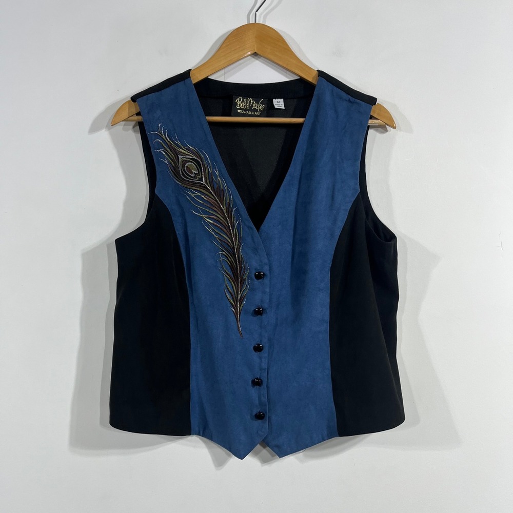 Bob Mackie Wearable Art Boho Artsy Peacock Feather‎ Vest Womens Medium Lagenlook